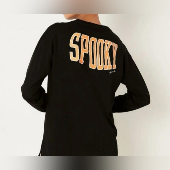 VS PINK LONG SLEEVE CAMPUS TEE SHIRT BLACK SPOOKY HALLOWEEN HTF RARE NWOT XL - Picture 2 of 4